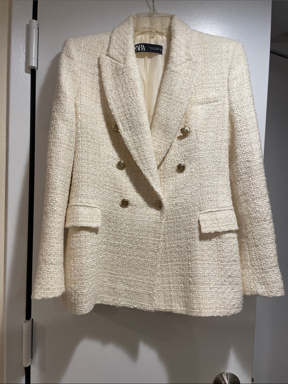 Zara Cream Bouclé Double-Breasted Blazer with Gold Buttons